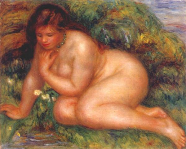 bather admiring herself in the water watercolor by Renoir