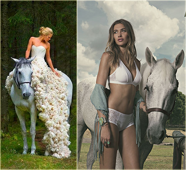 Leila Hafzi on white horse and Cosabella Arizona bra and panty on Lingerie Briefs