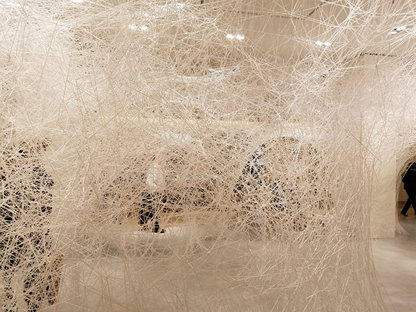 Chiharu Shiota installation at Bon Marché in Paris on Lingerie Briefs