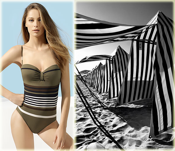 Lou Hayres swim maillot and striped beach tents on Lingerie Briefs