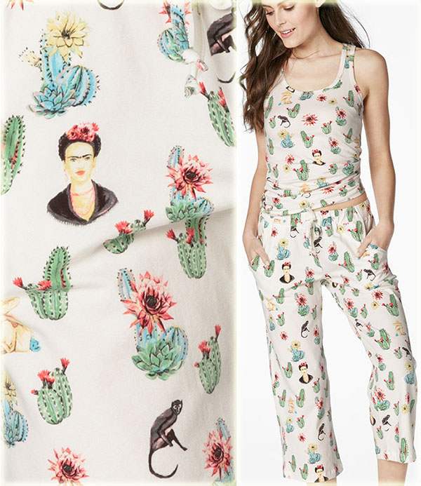 Frida Kahlo hand Printed Cotton Black Women's Gypsy Top & Pajama set Sleepwear