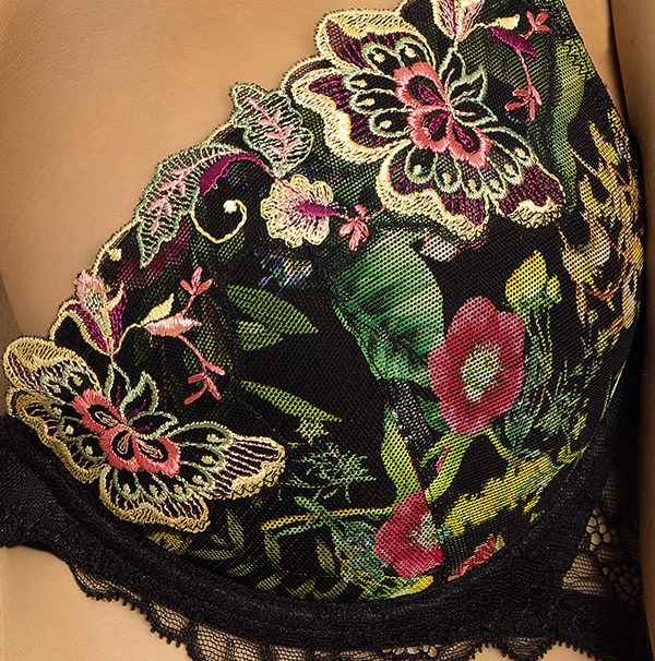 Detail of embroidery on tulle from Fleurs de Jungle collection by Lise Charmel on Lingerie Briefs