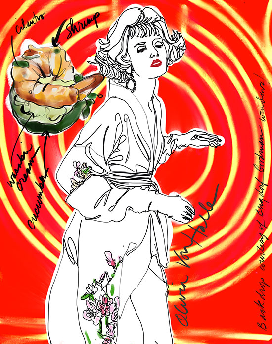 Olivia Von Halle Queenie Kika Kimono fashion illustration by Tina M. Wilson on Lingerie Briefs