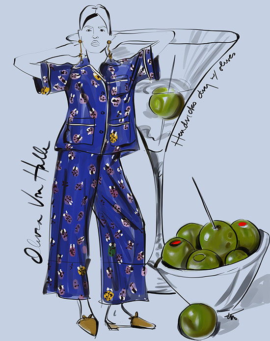 Olivia Van Halle Daria Wendy Silk Shirt and Wide Leg Trouser Set, illustrated by Tina M Wilson on Lingerie Briefs