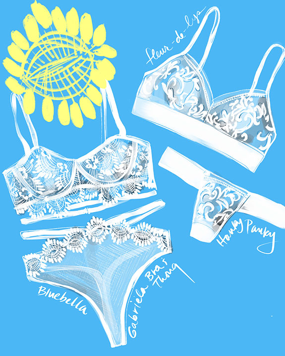 Blubella Gabriela & Hanky Panky fleur de lys bridal lingerie illustrated by Tina Wilson on Lingerie Briefs