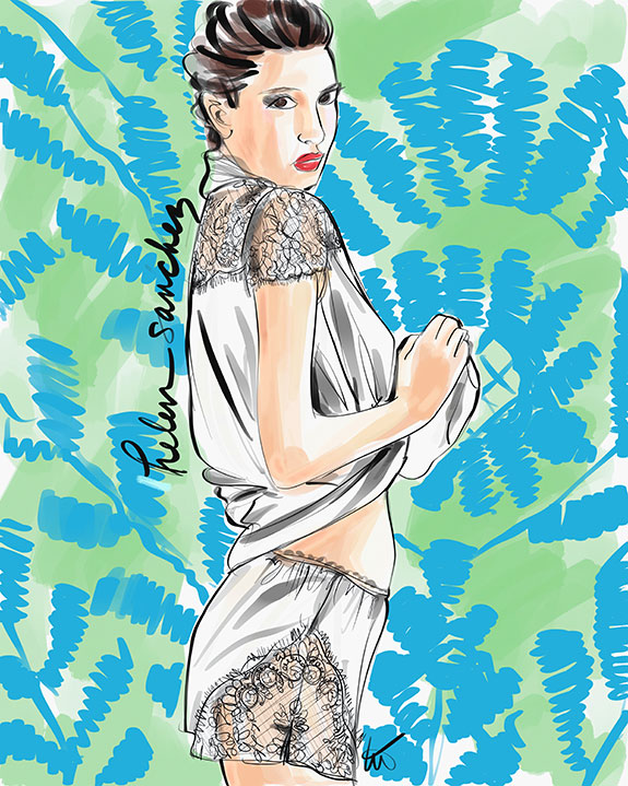 Helen Sanchez silk short PJs illustrated by Tina Wilson for Lingerie Briefs