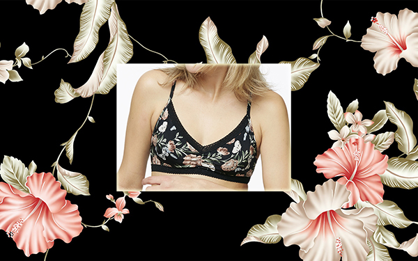 Clarence House wallpaper print framing Blush Micro Floral bralet on Lingerie Briefs