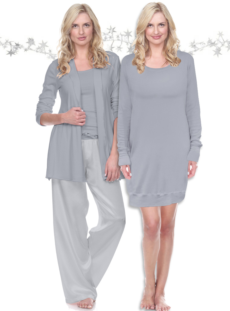 Amelia Knit Silver Lounge Cardigan With Charlie Racerback Tank & Jolie Satin Pant by PJ Harlow plus Emily Sleepshirt