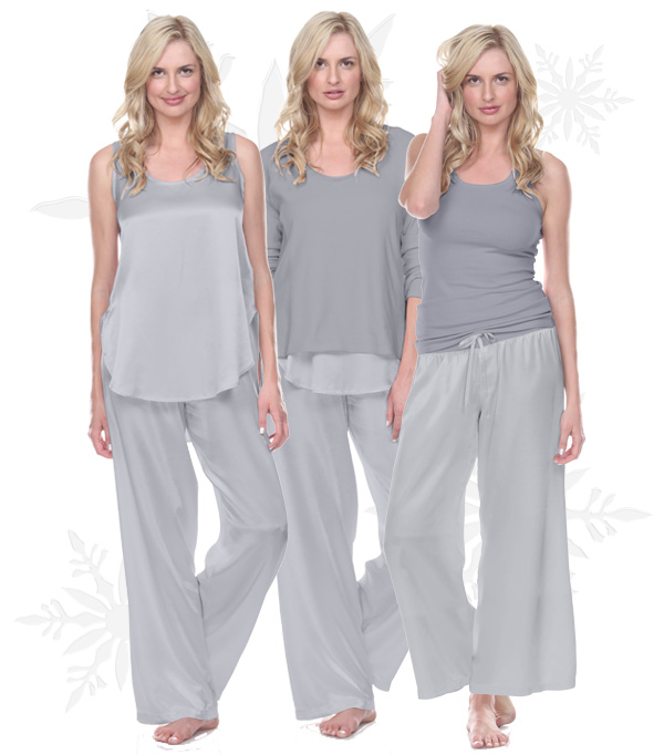 Silver Lounge PJ Harlow Charlie Racerback Tank, Jackie Satin Hi-Low Cami and Frankie Rib Long Sleeve V-Neck With Side Slits 