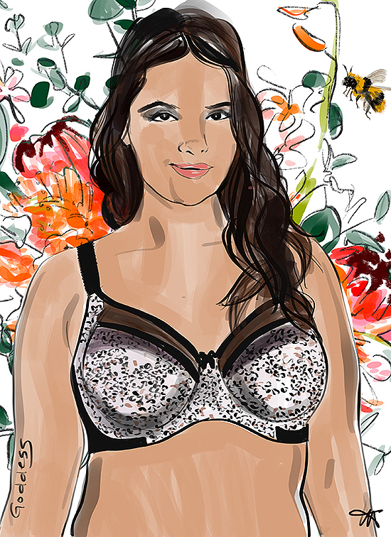 Fashion Illustration by Tina Wilson of Goddess bra exclusively for Lingerie Briefs