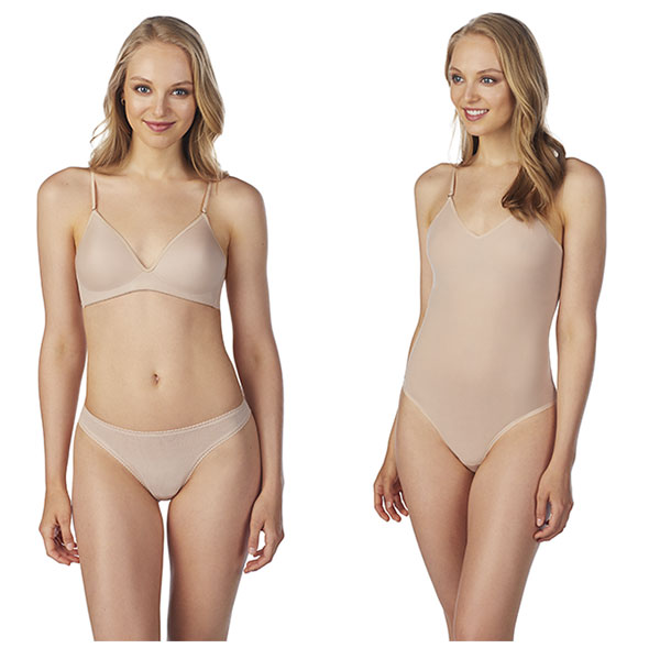 On Gossamer Nest to Nothing microfiber wireless bra and bodysuit in champagne on Lingerie Briefs