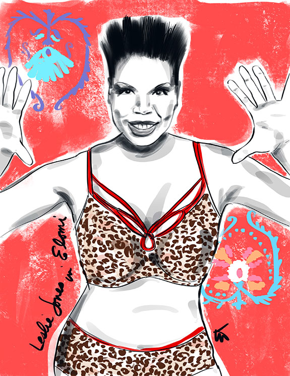 Fashion Illustration of Leslie Jones in Elomi Lingerie by Tina Wilson on Lingerie Briefs