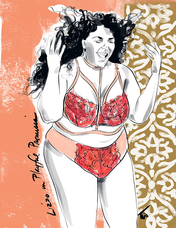 Fashion Illustration of Lizzo in Playful Promises Lingerie by Tina Wilson on Lingerie Briefs