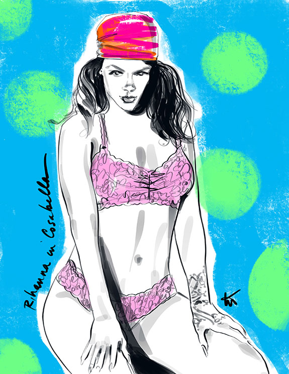 Fashion Illustration of Rihanna in Cosabella by Tina Wilson on Lingerie Briefs