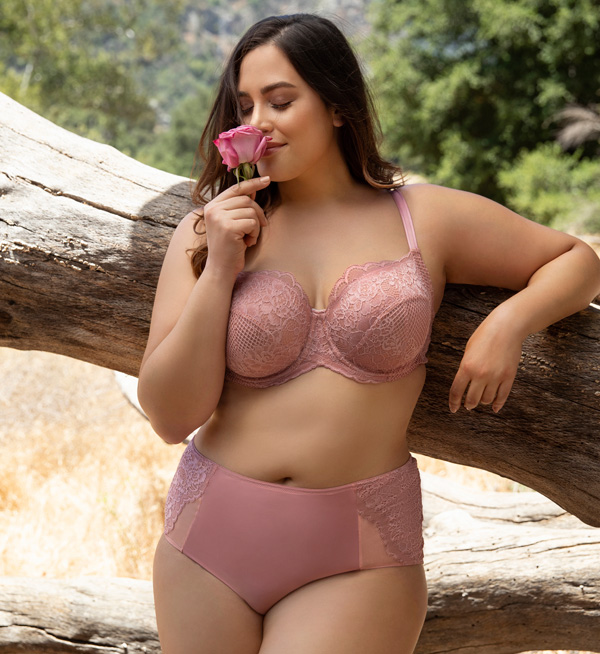 Curvy Couture's new Beautiful Bliss Lace Unlined Balconette in Blush Pink featured on Lingerie Briefs