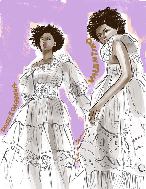 Dolce & Gabbana and Valentino white dresses illustrated by Tina Wilson for Lingerie Briefs