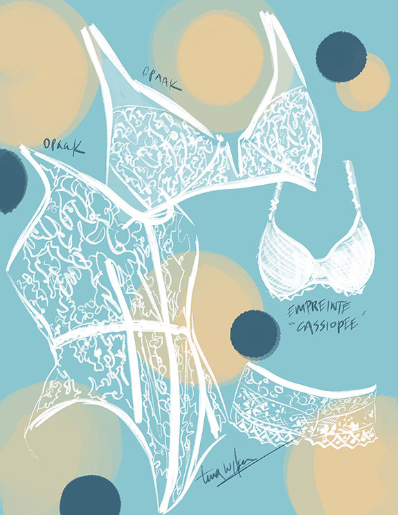 Opaak bodyusit and Empreinte Cassiopee Bra illustrated by Tina Wilson for Lingerie Briefs