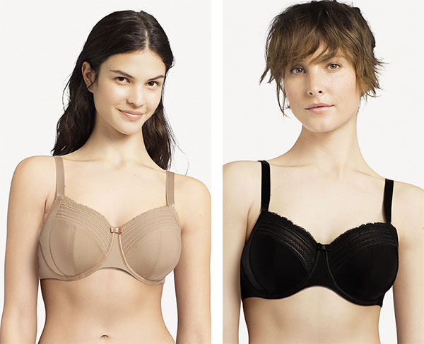 C Elegant Bra from Chantelle Lingerie in nude sand and black to a 44 H cup as featured on Lingerie Briefs