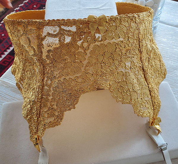 Gold plated garter belt from the Gilded Lace Collection by Monika Knutsson as featured on Lingerie Briefs