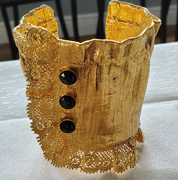 Gold plated cuff from the Gilded Lace Collection by Monika Knutsson as featured on Lingerie Briefs