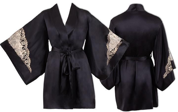 Emma Harris’s new Cleo gold lace and black satin signature kimono featured on Lingerie Briefs