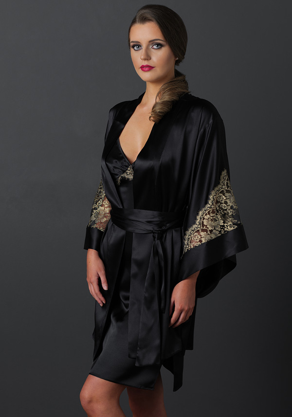 Emma Harris’s new Cleo gold lace and black satin signature kimono featured on Lingerie Briefs