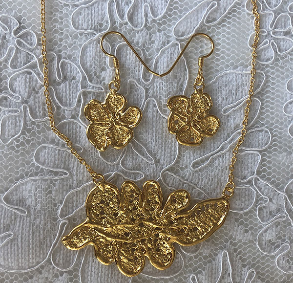 Gold plated necklace and earrings from the Gilded Lace Collection by Monika Knutsson as featured on Lingerie Briefs