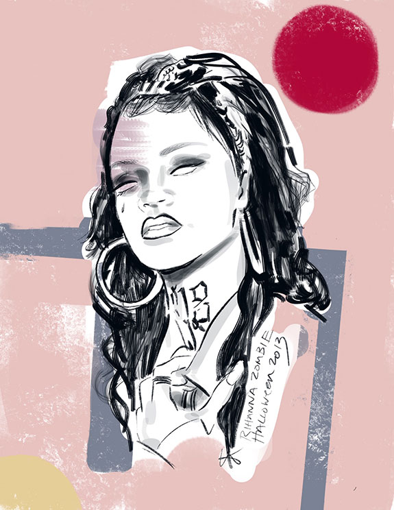 Zombie Life image of Rihanna as a Halloween zombie as illustrated by Tina Wilson for Lingerie Briefs