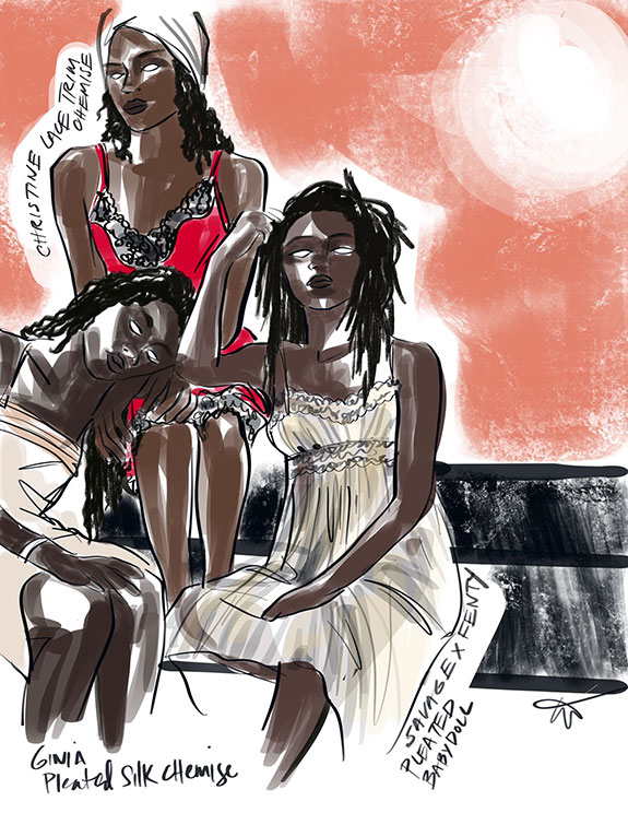 Fashion illustrations of Christine lace trim chemise, Ginia pleated silk chemise & Savage X Fenty