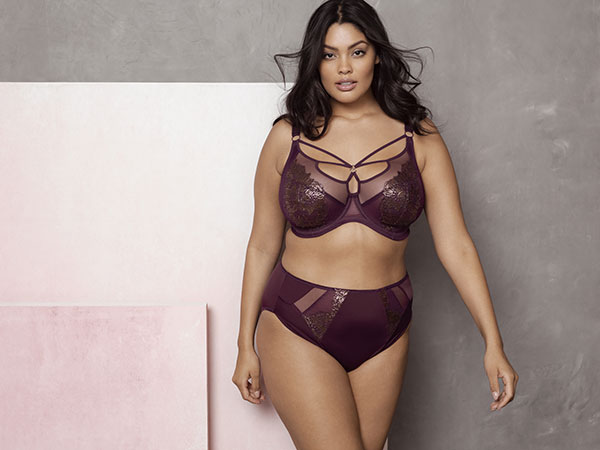 The Eugenie Plunge Bra in Gilded Berry makes a bold statement with chic strap detailing that accentuates a fabulous cleavage, alongside opulent foil-print embroidery to complete the look. The plunge style features a three section cup design and side support panels for an uplifting and supportive fit in sizes DD – JJ. as featured on Lingerie Briefs