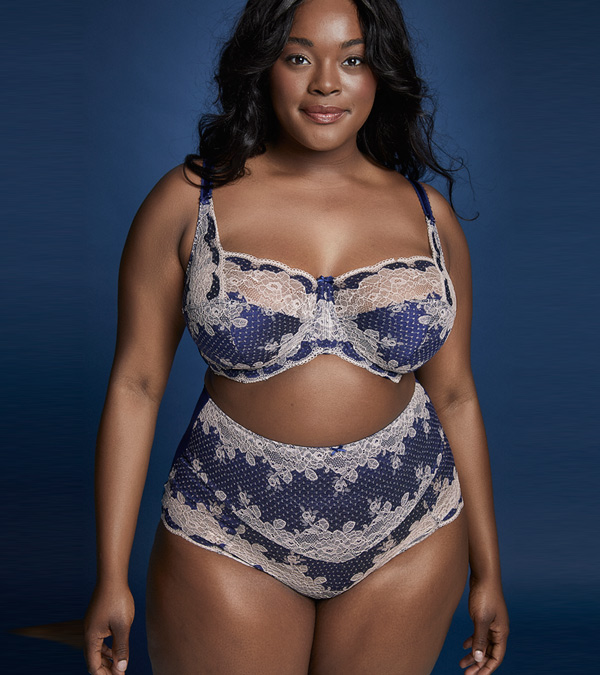 Panache's Clara Full Cup bra features gorgeous navy/ivory lace detailing featured on Lingerie Briefs