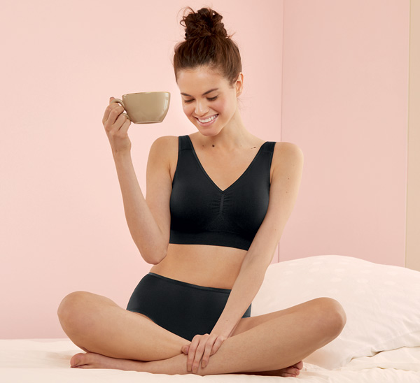 Anita Care's new everyday LOTTA post-mastectomy bra (5769X) is a seamless back closure pocketed bra in black - featured on Lingerie Briefs