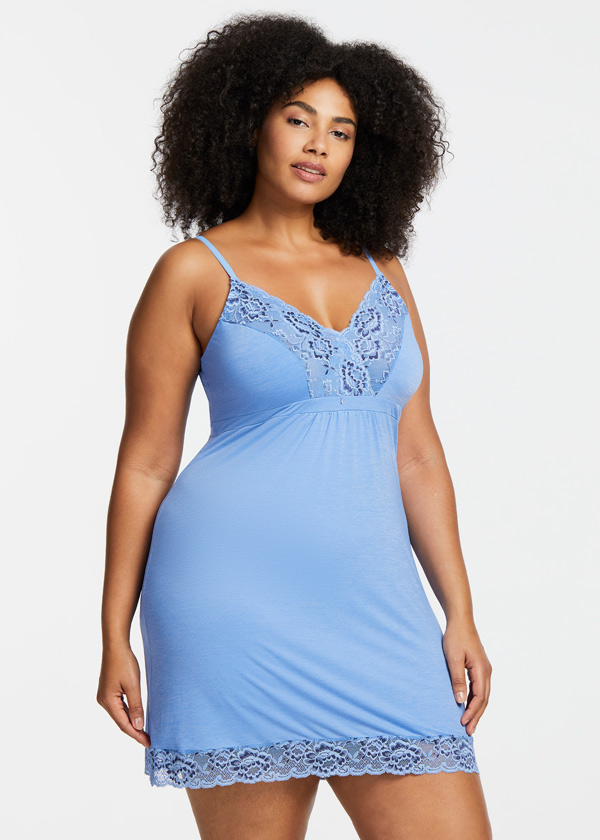 Now in the color Denim-Mix, is Montelle Lace And Microfiber Chemise with Integrated Support. Featured on Lingerie Briefs