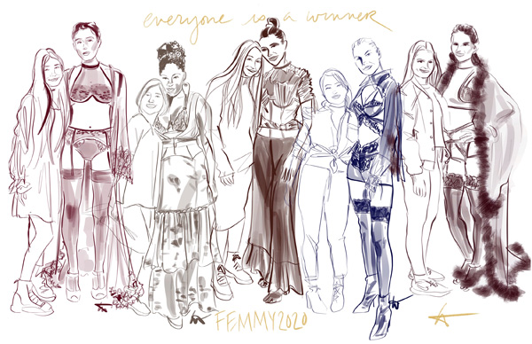 The six contestants are students majoring in intimate apparel from The Fashion Institute of Technology.  Illustrated by Tina Wilson on Lingerie Briefs