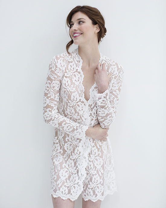 With A Serious Dream bridal lace robe as featured on Lingerie Briefs