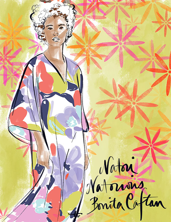 Fashion Illustrations of caftans, Kimonos and wraps as featured on Lingerie Briefs