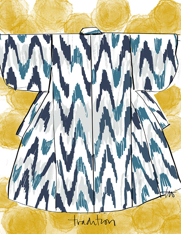 Fashion Illustrations of caftans, Kimonos and wraps as featured on Lingerie Briefs