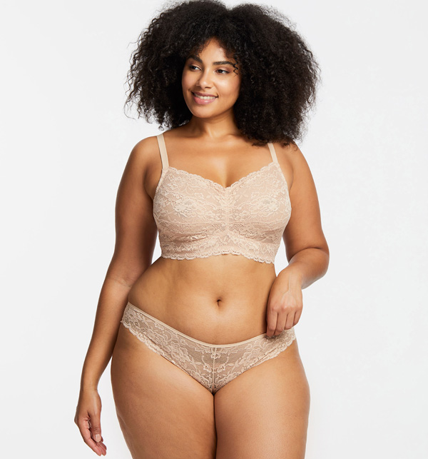 Cup sized, Montelle's Lace Bralette in Nude featured on Lingerie Briefs