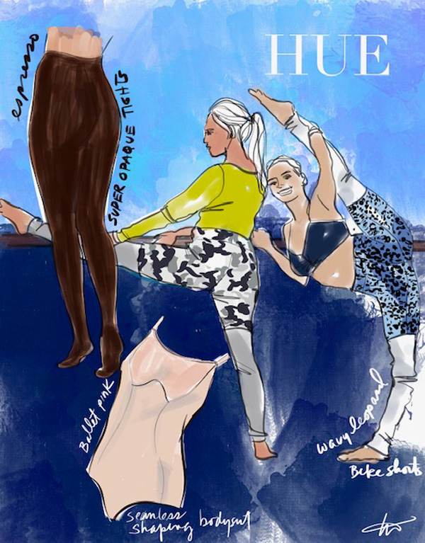 Tina Wilson illustrates HUE leggings, tights and bike shorts on Lingerie Briefs