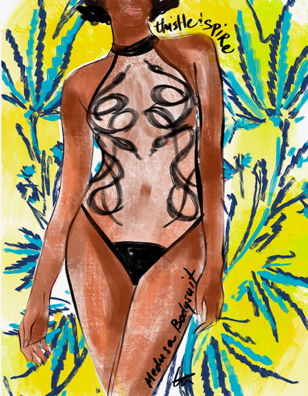Tina Wilson illustrates Thistle & Spire Medusa Bodysuit on Lingerie Briefs