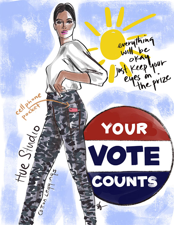 Tina Wilson illustrates which leggings to the polls as featured on Lingerie Briefs