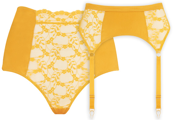 Katherine Hamilton Sophia knickers and suspenders now in ginger - featured on Lingerie Briefs