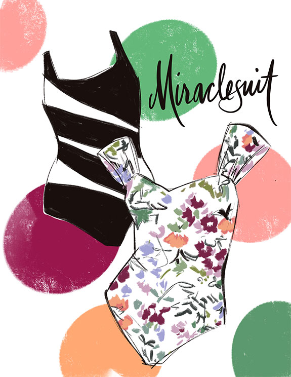 Miraclesuit swimwear as illustrated by Tina Wilson for Lingerie Briefs