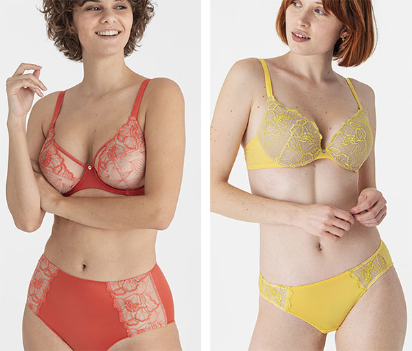 Maison Lejaby Flora yellow push up bra and russet underwire bra as featured on Lingerie Briefs