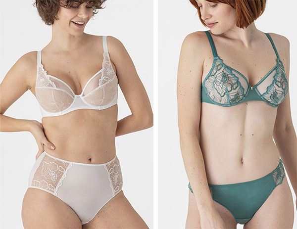 Maison Lejaby Flora balconnet white bra and aloe green full cup underwire bra as featured on Lingerie Briefs
