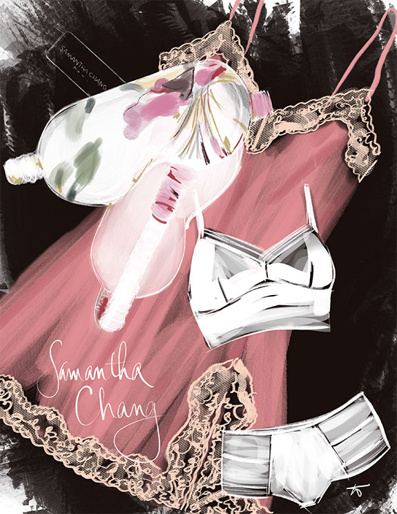 Fashion Illustration of Samantha Chang lingerie as featured on Lingerie Briefs