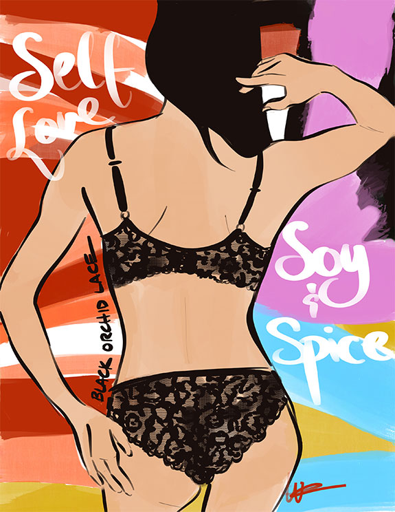 Fashion Illustration of Black Orchid Lingerie as featured on Lingerie Briefs