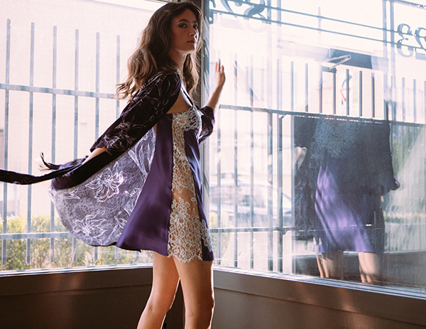 Christine Silk Faberge Devore velour kimono and Diva chemise in Purple Passion as featured on Lingerie Briefs
