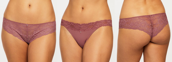 Montelle's Signature Lace Brazilian, Thong and Hipster in Mesa Rose - featured on Lingerie Briefs