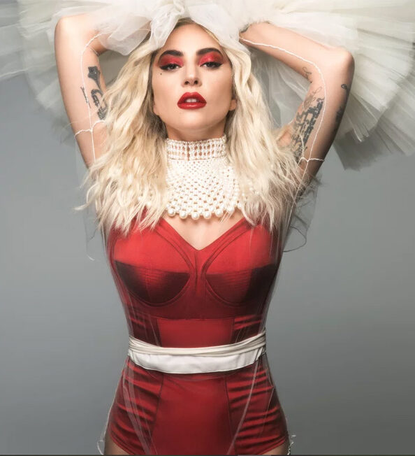 Lady Gaga wearing MURMUR Satin Sculpt Bodysuit Red for Haus Labs Campaign featured on Lingerie Briefs
